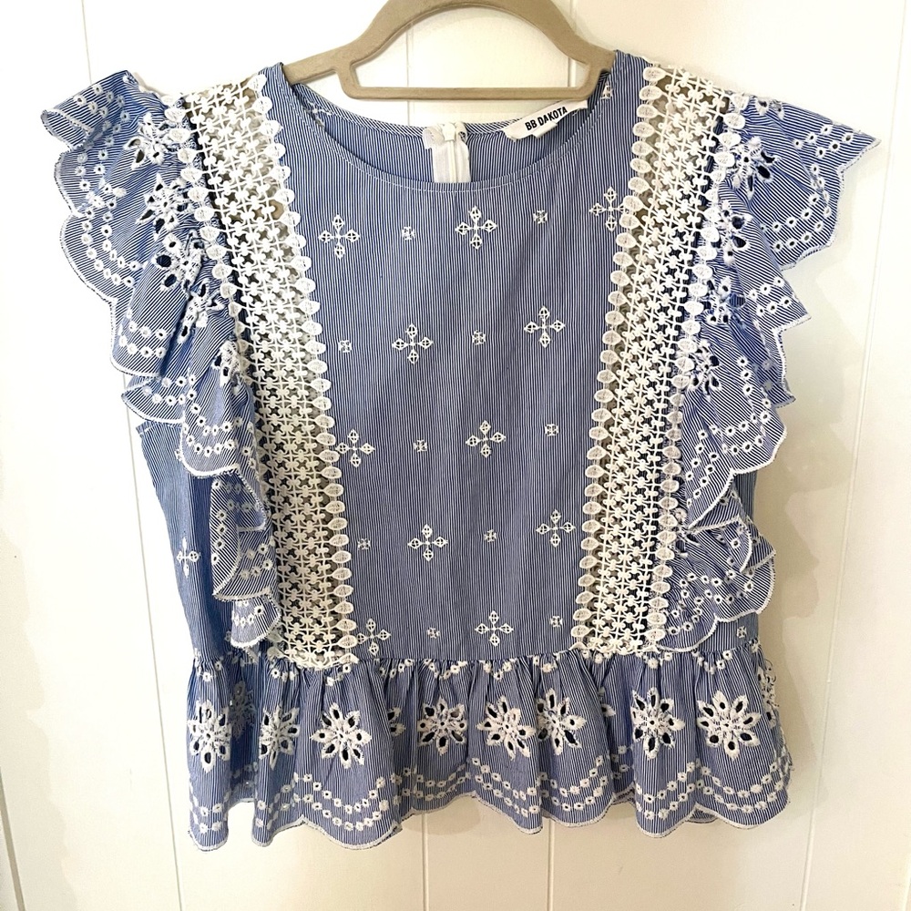 BB Dakota Blue and White Embroidered Blouse